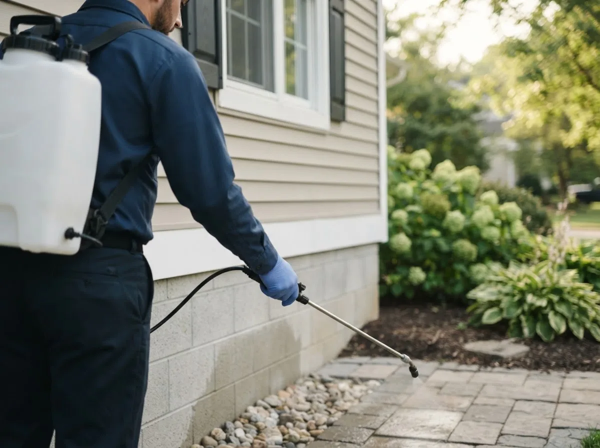 Pest control technician inspecting a home in Otego, NY